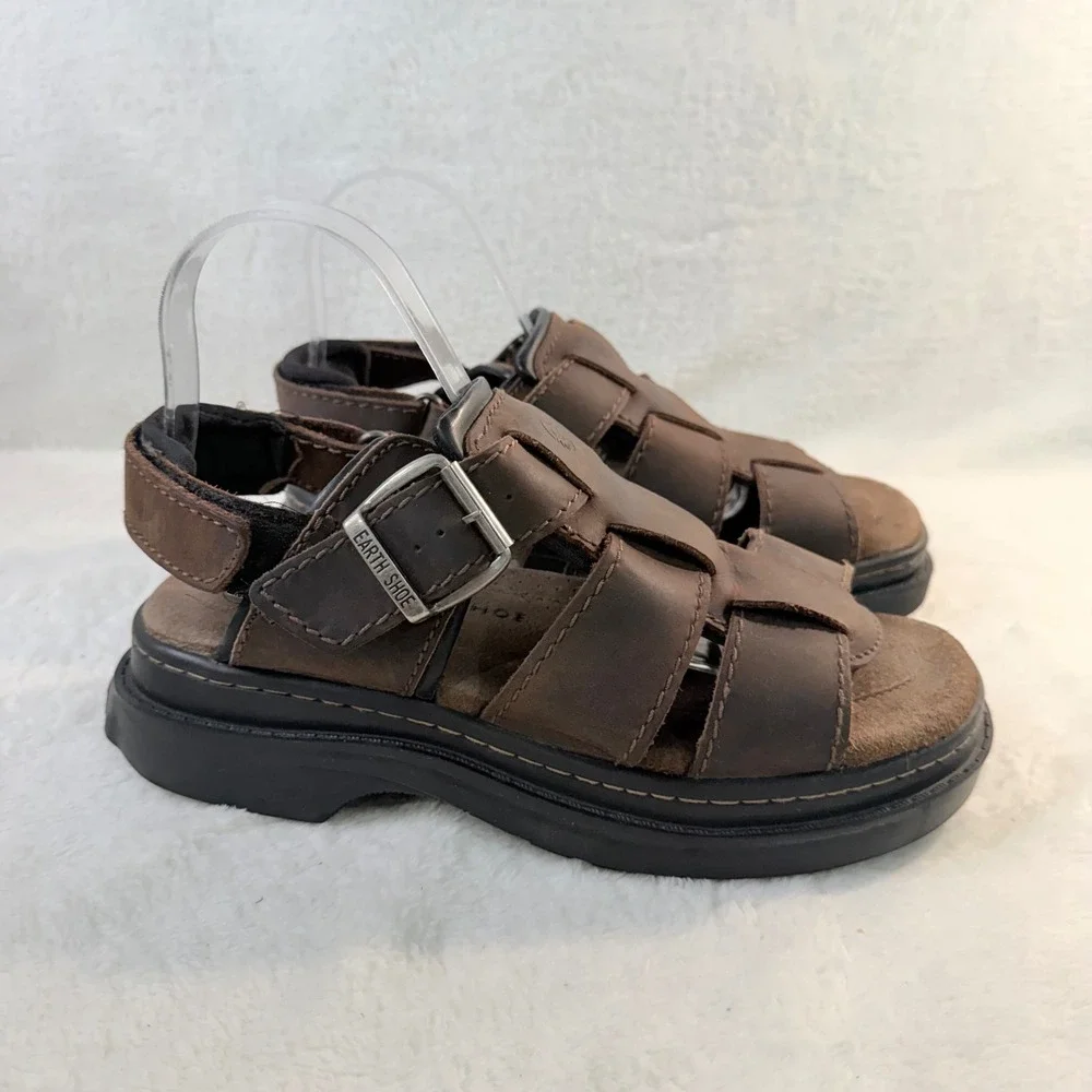 Earth Shoe Fisherman Sandals Brown Vintage Leather Suede Insole Chunky Lug Men 9